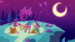 Size: 1920x1080 | Tagged: safe, imported from derpibooru, screencap, applejack, fluttershy, pinkie pie, rainbow dash, rarity, twilight sparkle, alicorn, earth pony, pegasus, pony, unicorn, a camping we will go, my little pony: pony life, campfire, constellation, crescent moon, female, horn, mane six, moon, tent, twilight sparkle (alicorn)