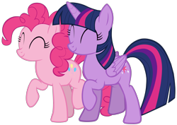 Size: 3054x2160 | Tagged: safe, artist:zslnews, imported from derpibooru, pinkie pie, twilight sparkle, alicorn, earth pony, duo, duo female, eyes closed, female, simple background, smiling, transparent background, twilight sparkle (alicorn), vector