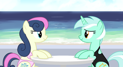 Size: 2237x1227 | Tagged: safe, artist:stephen-fisher, imported from derpibooru, bon bon, lyra heartstrings, sweetie drops, earth pony, unicorn, beach, clothes, female, horn, lesbian, looking at each other, looking at someone, lyrabon, ocean, shipping, swimsuit, water