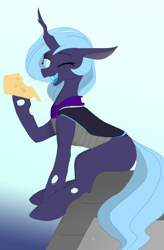 Size: 1600x2432 | Tagged: safe, artist:puginpocket, derpibooru exclusive, imported from derpibooru, oc, oc only, oc:nihea tamin, changeling, blue eyes, blue mane, changeling oc, cheese, fangs, folded wings, food, holding, looking at you, mountain, object, purple changeling, simple background, simple shading, sitting, smiling, smiling at you, solo, stone, wings