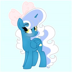 Size: 6890x6890 | Tagged: safe, artist:riofluttershy, imported from derpibooru, oc, oc only, oc:fleurbelle, alicorn, pony, alicorn oc, blushing, bow, female, hair bow, horn, looking at you, mare, pink bow, smiling, smiling at you, solo, tail, two toned hair, two toned mane, two toned tail, wings, yellow eyes