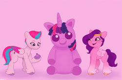 Size: 3880x2550 | Tagged: safe, artist:starburstuwu, imported from derpibooru, pipp petals, twilight sparkle, zipp storm, pegasus, pony, duo, duo female, female, figurine, g5, high res, hoof hold, looking at something, mare, open mouth, open smile, pink background, plushie, royal sisters (g5), siblings, simple background, sisters, smiling, underhoof