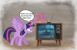 Size: 1024x673 | Tagged: safe, artist:sophiamarieb, imported from derpibooru, twilight sparkle, alicorn, dialogue, hammer, television, the ring, twilight sparkle (alicorn)