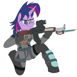 Size: 1921x1918 | Tagged: safe, artist:timejumper, imported from derpibooru, twilight sparkle, anthro, unicorn, alternate hairstyle, belt, bodysuit, clothes, glasses, gloves, gun, horn, punklight sparkle, rifle, tactical, unicorn twilight, weapon