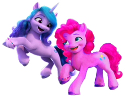 Size: 1381x1071 | Tagged: safe, artist:tankengine52, imported from derpibooru, izzy moonbow, pinkie pie, earth pony, unicorn, female, g5, horn, izzy and her heroine, simple background, transparent background