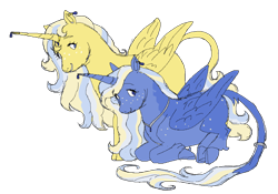 Size: 1231x860 | Tagged: safe, artist:universalheart, imported from derpibooru, oc, oc only, oc:princess cosmia, oc:princess hypatia, alicorn, pony, alicorn oc, cloven hooves, duo, horn, leonine tail, simple background, tail, transparent background, unshorn fetlocks, wings