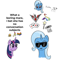 Size: 1059x1065 | Tagged: safe, artist:ligmire, imported from derpibooru, trixie, twilight sparkle, unicorn, alicorn amulet, burger, element of magic, food, hay burger, horn, meme, playing card, pride, pride flag, sunglasses