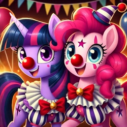 Size: 1024x1024 | Tagged: safe, imported from derpibooru, pinkie pie, twilight sparkle, earth pony, unicorn, ai content, ai generated, alternate cutie mark, bowtie, clown, clown nose, duo, female, generator:bing image creator, generator:dall-e 3, hat, horn, mare, prompter:heydude5321, red nose