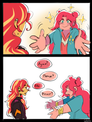 Size: 900x1200 | Tagged: safe, artist:sadscruffy, imported from derpibooru, pinkie pie, sunset shimmer, human, equestria girls, comic, dialogue, duo, duo female, female, outstretched arms, speech bubble