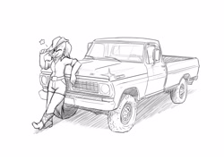 Size: 3500x2500 | Tagged: safe, artist:captainhoers, imported from derpibooru, oc, oc only, anthro, earth pony, 70s, boots, clothes, cowboy boots, cowboy hat, ford, ford f-150, grayscale, hat, leaning, looking at you, monochrome, one eye closed, shoes, simple background, solo, truck, white background, wink, winking at you