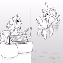 Size: 3000x3000 | Tagged: safe, artist:captainhoers, imported from derpibooru, oc, oc only, oc:concorde, pegasus, pony, unicorn, box, cardboard box, duo, fishing rod, foal, grayscale, horn, monochrome, offspring, open mouth, open smile, parent:soarin', parent:spitfire, parents:soarinfire, smiling, tooth gap