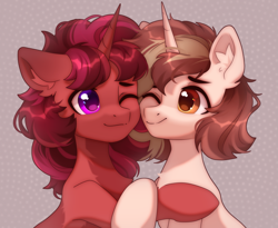 Size: 3045x2500 | Tagged: safe, artist:radioaxi, imported from derpibooru, oc, oc only, pony, unicorn, abstract background, bust, duo, high res, horn, hug, one eye closed, smiling