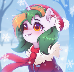 Size: 2587x2500 | Tagged: safe, artist:radioaxi, imported from derpibooru, oc, oc only, pony, unicorn, blushing, bust, clothes, grin, hat, high res, horn, jacket, looking up, scarf, sitting, smiling, snow, solo, winter outfit