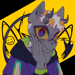 Size: 1920x1920 | Tagged: safe, artist:akilashitu, imported from derpibooru, oc, oc only, anthro, demon, demon pony, original species, clothes, hoodie, looking at you, smiley face, smiling, solo, squatting