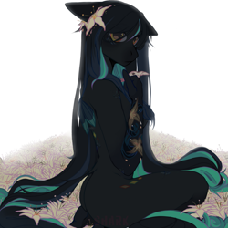 Size: 1919x1919 | Tagged: safe, artist:akilashitu, imported from derpibooru, oc, oc only, anthro, pegasus, black coat, female, flower, flower in hair, jewelry, lily (flower), long hair, looking at you, looking back, looking back at you, necklace, sitting, skull, solo