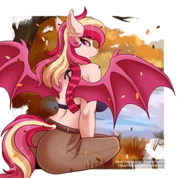 Size: 1500x1500 | Tagged: safe, artist:stainedglasslighthea, imported from derpibooru, oc, oc only, oc:ruby sanguine, anthro, bat pony, autumn, bat pony oc, bat wings, bra, clothes, denim, female, jeans, lake, looking back, pants, pinup, sitting, solo, spread wings, underwear, water, wings