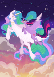 Size: 1614x2283 | Tagged: safe, artist:birchmarsh, imported from derpibooru, princess celestia, twilight sparkle, alicorn, pony, cloud, duo, eyes closed, female, fluffy, flying, jewelry, mare, sky, smiling, starry eyes, sunset, twilight sparkle (alicorn), unshorn fetlocks, wingding eyes