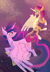 Size: 1614x2283 | Tagged: safe, artist:birchmarsh, imported from derpibooru, sunny starscout, twilight sparkle, alicorn, pony, the last problem, duo, female, flying, g5, looking at each other, looking at someone, mare, meme, older, older twilight, older twilight sparkle (alicorn), princess twilight 2.0, race swap, sky, smiling, subverted meme, sunny and her heroine, sunnycorn, that magic is yours to give, twilight sparkle (alicorn), unshorn fetlocks