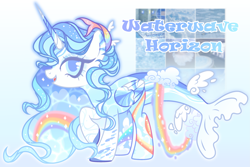 Size: 3793x2527 | Tagged: safe, artist:anno酱w, imported from derpibooru, oc, oc only, alicorn, fish, merpony, adoptable, base used, cloud, fish tail, horn, rainbow, solo, tail, water, whale tail, wings