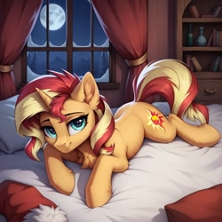 Size: 1024x1024 | Tagged: safe, imported from derpibooru, sunset shimmer, unicorn, ai content, ai generated, bed, bookshelf, chest fluff, christmas, ear fluff, full moon, generator:autismmix pony, hat, holiday, horn, indoors, lying down, moon, prompter:thelight3d, santa hat, snow, solo, window, winter