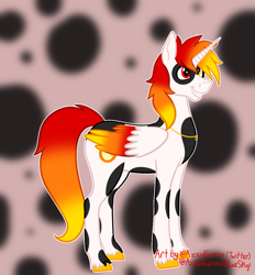 Size: 1033x1111 | Tagged: safe, artist:azira faerinx, imported from derpibooru, oc, oc only, alicorn, colored, colored hooves, colored wings, fire, gift art, gradient mane, gradient tail, gradient wings, hoof fluff, hooves, jewelry, male, multicolored hair, multicolored mane, multicolored wings, necklace, smiling, solo, spikey mane, spots, stallion, standing, tail, white coat, wings, yellow hooves