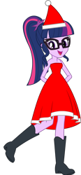 Size: 1656x3564 | Tagged: safe, artist:cartoonmasterv3, imported from derpibooru, sci-twi, twilight sparkle, human, equestria girls, arm behind back, bare shoulders, boots, christmas, clothes, costume, dress, female, hat, holiday, open mouth, santa claus, santa costume, santa hat, shoes, simple background, slender, solo, standing, standing on one leg, thin, transparent background