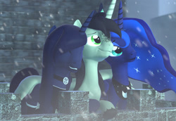 Size: 1280x883 | Tagged: safe, artist:ludwigspectre, princess luna, oc, oc only, pony, 3d, eyes closed, female, male, mare, stallion