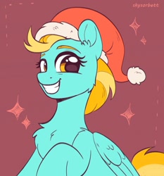 Size: 1825x1962 | Tagged: safe, artist:skysorbett, imported from derpibooru, lightning dust, pegasus, pony, adorable face, christmas, cute, dustabetes, hat, holiday, looking at you, my little pony, santa hat, signature, simple background, smiling, smiling at you, solo