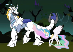 Size: 1414x1000 | Tagged: safe, artist:zetikoopa, imported from derpibooru, prince blueblood, princess celestia, alicorn, female, male, mare, monster prince blueblood, sad, species swap