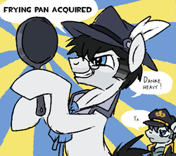 Size: 557x493 | Tagged: safe, artist:muffinz, imported from derpibooru, oc, oc only, oc:fatal fix, earth pony, pony, clothes, duo, frying pan, glasses, hat, heavy (tf2), medic (tf2), military uniform, team fortress 2, uniform