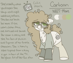 Size: 700x600 | Tagged: safe, artist:php193, imported from derpibooru, oc, oc only, oc:cartoon, earth pony, bags under eyes, frizzy hair, glasses, long mane, neet, reference sheet, tail, tail bun