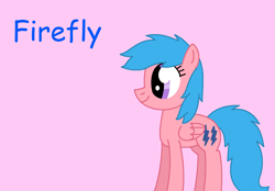 Size: 1310x911 | Tagged: safe, artist:robertwilliams2006, imported from derpibooru, firefly, pegasus, pony, blue text, closed mouth, cute, female, flyabetes, folded wings, g1, g1 to g4, generation leap, mare, pink background, simple background, smiling, solo, text, wings