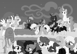 Size: 4093x2894 | Tagged: safe, alternate version, artist:jjsh, imported from derpibooru, amethyst star, applejack, big macintosh, drizzle, jonagold, lemony gem, marmalade jalapeno popette, mjölna, princess celestia, princess luna, sparkler, twist, oc, oc:jennifer jones stars, oc:jetstream, oc:psalm, oc:stonewing, alicorn, earth pony, pegasus, pony, unicorn, apple family member, armor, birthmark, black and white, clothes, cloud, coffin, crying, female, flower, funeral, glasses, grave, gravestone, grayscale, guard, guardian, hat, high res, horn, male, mare, monochrome, older twist, outdoors, rose, royal guard, sad, scar, snow, stallion, teary eyes, teeth, wings