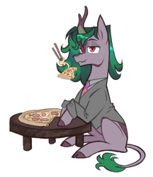 Size: 1724x1994 | Tagged: safe, artist:cowboypony, imported from derpibooru, oc, oc only, oc:skywell, kirin, pony, chopsticks, clothes, eating, egg, food, kirin oc, male, necktie, noodles, pizza, ramen, simple background, solo, stallion, suit, table, transparent background