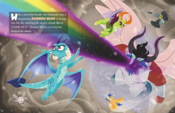 Size: 5100x3300 | Tagged: safe, artist:bearmation, imported from derpibooru, flash sentry, gabby, princess ember, thorax, changedling, changeling, dragon, griffon, pegasus, pony, absurd file size, absurd resolution, blast, dragoness, female, flying, fusion, fusion:cozy glow, fusion:grogar, fusion:king sombra, fusion:lord tirek, fusion:queen chrysalis, fusion:storm king, high angle, king thorax, macro, magic, magic blast, male, stallion, story included, text