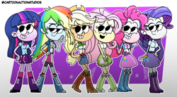 Size: 3600x1990 | Tagged: safe, artist:cartoonactionstudios, imported from derpibooru, applejack, fluttershy, pinkie pie, rainbow dash, rarity, sci-twi, sunset shimmer, twilight sparkle, human, equestria girls, calarts, female, humane five, humane six, the rainbooms