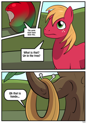 Size: 1614x2283 | Tagged: safe, artist:rex-equinox, imported from derpibooru, big macintosh, earth pony, pony, apple, apple tree, big macintosh's yoke, bite mark, comic, commission, dialogue, emanata, food, horse collar, human to pony, looking up, male, solo, speech bubble, stallion, story included, transformation, transformation sequence, transformed, tree, tree branch