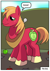 Size: 1614x2283 | Tagged: safe, artist:rex-equinox, imported from derpibooru, big macintosh, earth pony, pony, apple, big macintosh's yoke, clothes, comic, commission, dialogue, eeyup, food, horse collar, human to pony, lidded eyes, solo, speech bubble, story included, torn clothes, transformation, transformation sequence, transformed