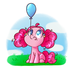 Size: 1800x1700 | Tagged: safe, artist:sunnyhoneybone, imported from derpibooru, pinkie pie, earth pony, pony, balloon, female, filly, foal, hair tie, sitting, solo, younger