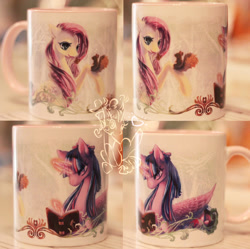 Size: 1273x1268 | Tagged: safe, artist:tzulin520, imported from derpibooru, fluttershy, twilight sparkle, alicorn, pegasus, pony, squirrel, book, craft, duo, female, irl, mare, mug, photo, reading, twilight sparkle (alicorn)