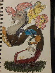 Size: 2121x2828 | Tagged: safe, artist:ashley-the-muffin, imported from derpibooru, discord, fluttershy, draconequus, pegasus, pony, discoshy, female, flying, male, mare, shipping, straight, traditional art