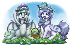 Size: 2500x1600 | Tagged: safe, artist:king-kakapo, imported from derpibooru, oc, oc only, bat pony, insect, moth, mothpony, original species, pony, basket, duo, duo female, female, flower, flower in hair, goggles, mouth hold, secret santa