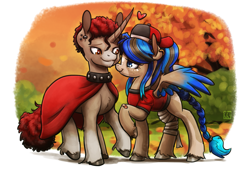 Size: 1845x1280 | Tagged: safe, artist:king-kakapo, imported from derpibooru, oc, oc only, pegasus, pony, unicorn, autumn, bandage, bandaid, baseball cap, braid, braided tail, cap, cape, clothes, collar, duo, duo male and female, ear piercing, earring, emanata, female, hat, horn, jewelry, male, piercing, secret santa, shirt, tail, unshorn fetlocks