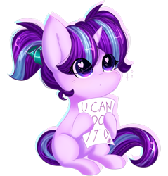 Size: 2393x2506 | Tagged: safe, artist:fleetyarrowdraw, imported from derpibooru, starlight glimmer, pony, unicorn, cute, female, filly, filly starlight glimmer, foal, glimmerbetes, heart, heart eyes, horn, message, pigtails, positive ponies, sitting, solo, wingding eyes, younger