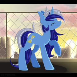 Size: 1880x1880 | Tagged: safe, artist:ten-dril, imported from derpibooru, minuette, pony, unicorn, :t, cute, eyes closed, female, fence, horn, mare, minubetes, nose wrinkle, raised hoof, smiling, solo, sunrise