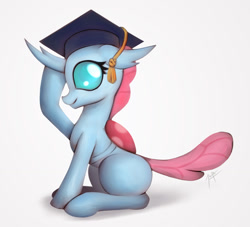 Size: 1024x931 | Tagged: safe, artist:zetamad, imported from derpibooru, ocellus, changedling, changeling, atg 2019, cute, diaocelles, female, graduation cap, hat, newbie artist training grounds, profile, simple background, sitting, solo, white background