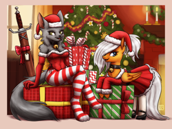 Size: 2200x1650 | Tagged: safe, artist:king-kakapo, imported from derpibooru, oc, oc:orange cream, anthro, digitigrade anthro, pegasus, pony, anthro oc, anthro with ponies, belt, candle, christmas, christmas tree, clothes, collar, costume, duo, duo female, eye clipping through hair, feet, female, fireplace, gloves, hat, holiday, long gloves, non-mlp oc, pantyhose, present, santa costume, santa dress, santa hat, secret santa, socks, stocking feet, striped socks, sword, tights, tree, weapon