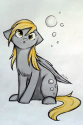 Size: 1521x2295 | Tagged: safe, artist:chimeeri, imported from derpibooru, derpy hooves, pegasus, pony, bubble, cute, derpabetes, female, floppy ears, mare, sitting, solo, traditional art