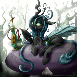 Size: 1466x1464 | Tagged: safe, artist:rule1of1coldfire, imported from derpibooru, queen chrysalis, changeling, changeling queen, alice in wonderland, female, high, hookah, lying down, prone, smoking, solo