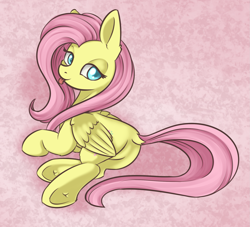 Size: 1809x1643 | Tagged: safe, artist:dusthiel, imported from derpibooru, fluttershy, pegasus, pony, :p, bedroom eyes, butt, colored pupils, cute, dock, ear fluff, featureless crotch, female, flutterbutt, folded wings, lidded eyes, looking at you, looking back, lying down, mare, on side, pink background, plot, sexy, shyabetes, simple background, solo, tail, teasing, tongue out, underhoof, wings